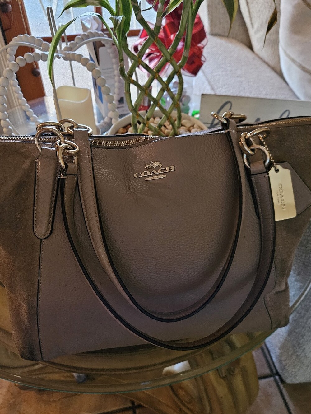 Coach Beige Taupe Pebbled Genuine Leather and Suede Tote Bag With 2 Hang Tags